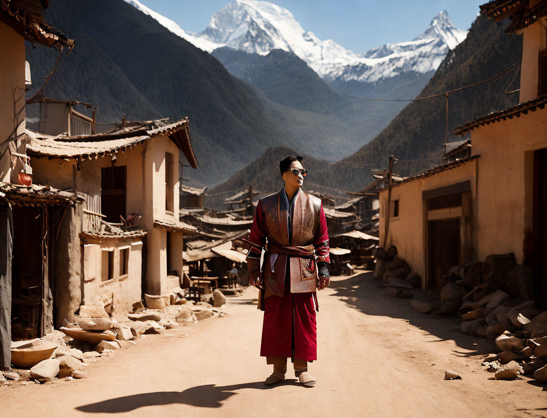 Traditional attire person in snowy mountain village scenery.