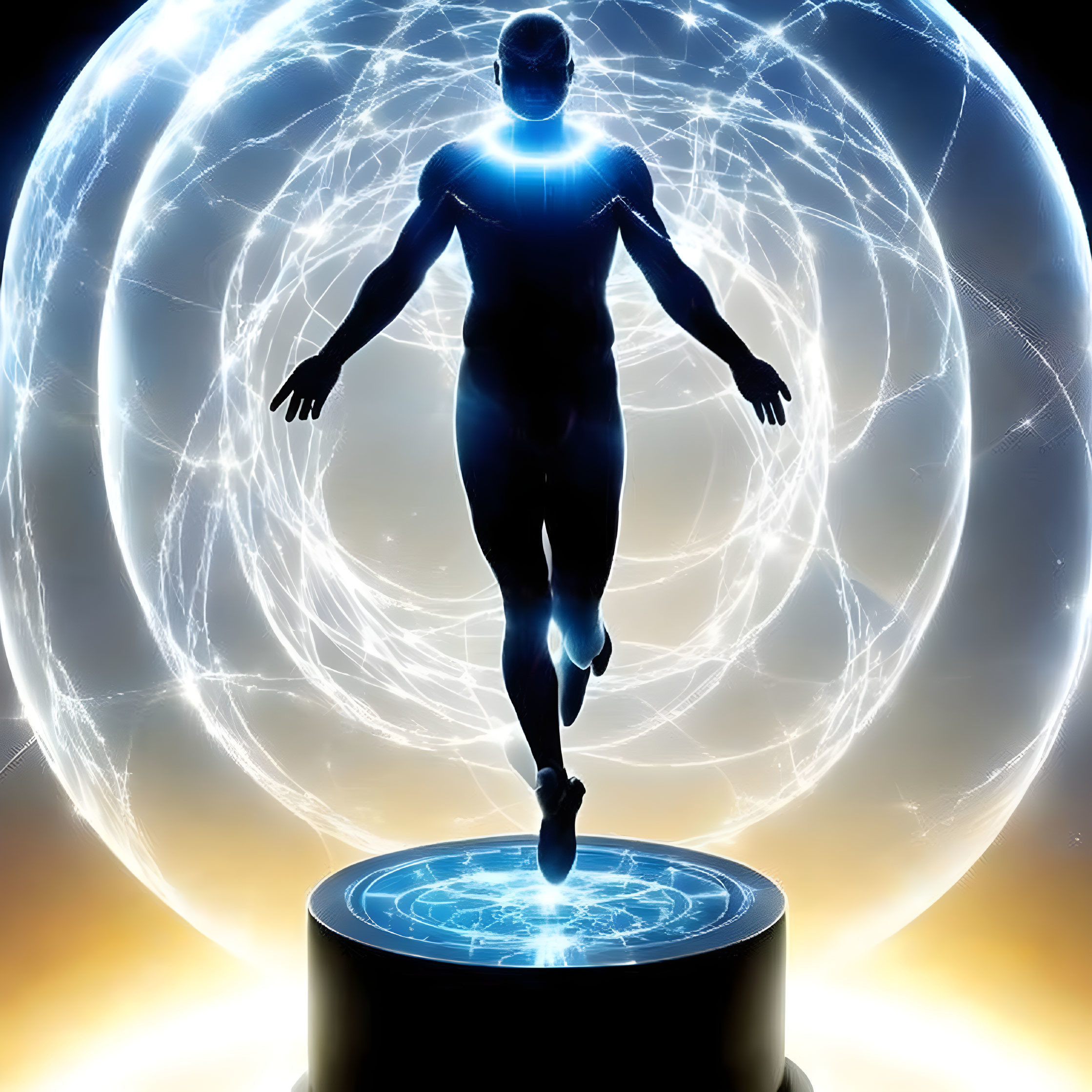 Silhouette of glowing human figure in blue light inside transparent sphere