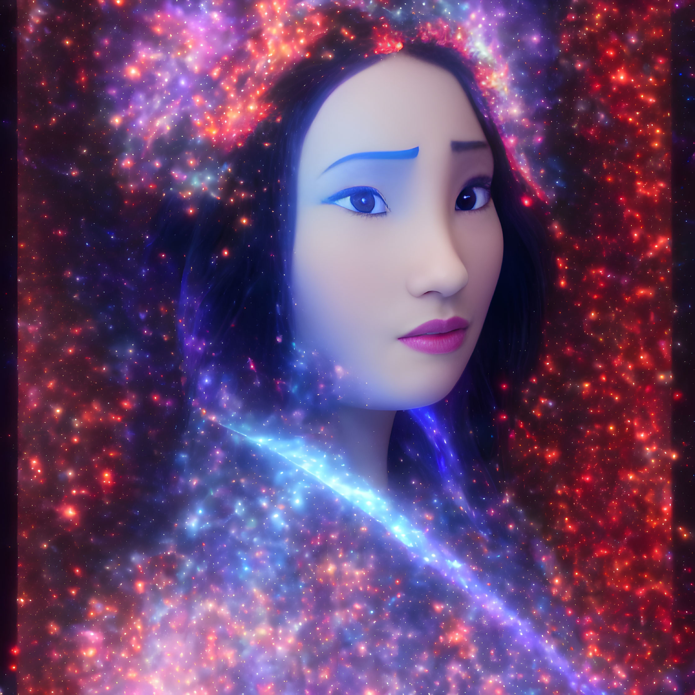 East Asian Woman's Face in Cosmic Background with Blue Light Stream