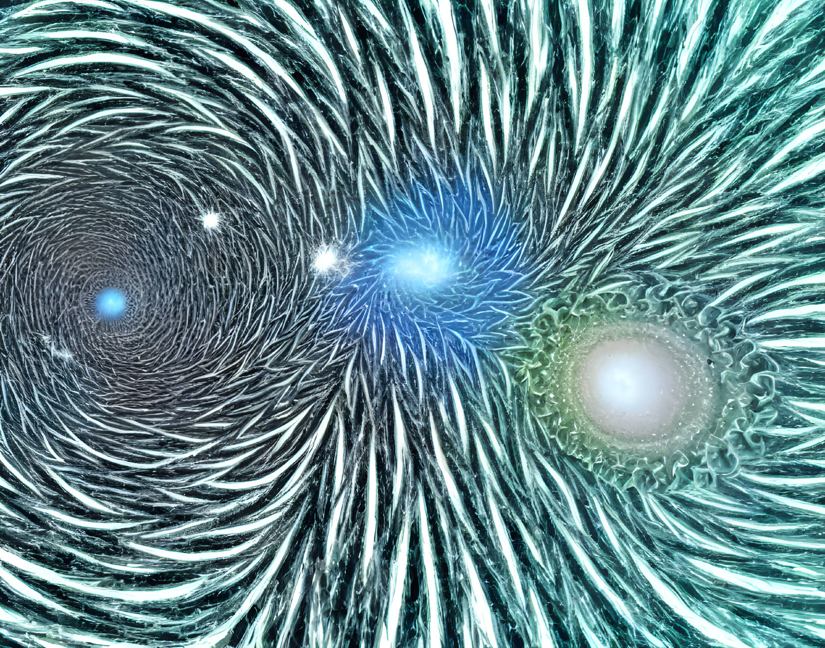 Blue, White, and Green Swirling Fractal Cosmic Event in Abstract Art