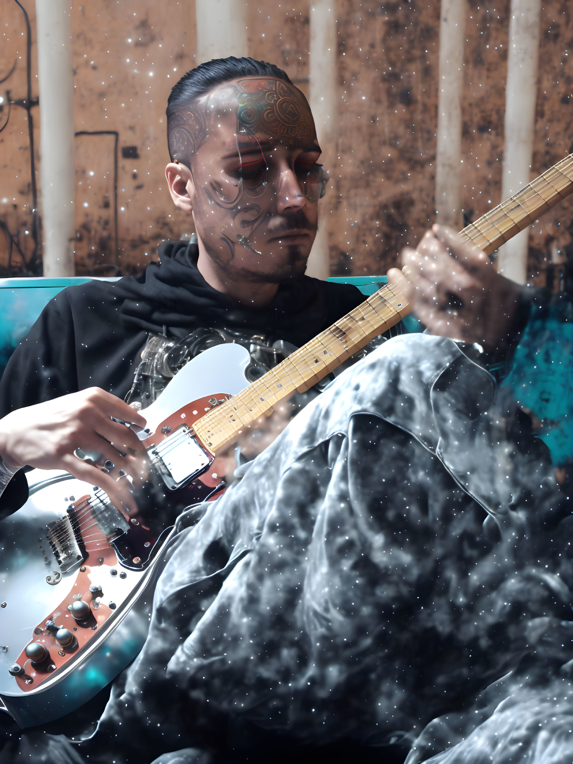 Tattooed man playing electric guitar in snowy rustic scene