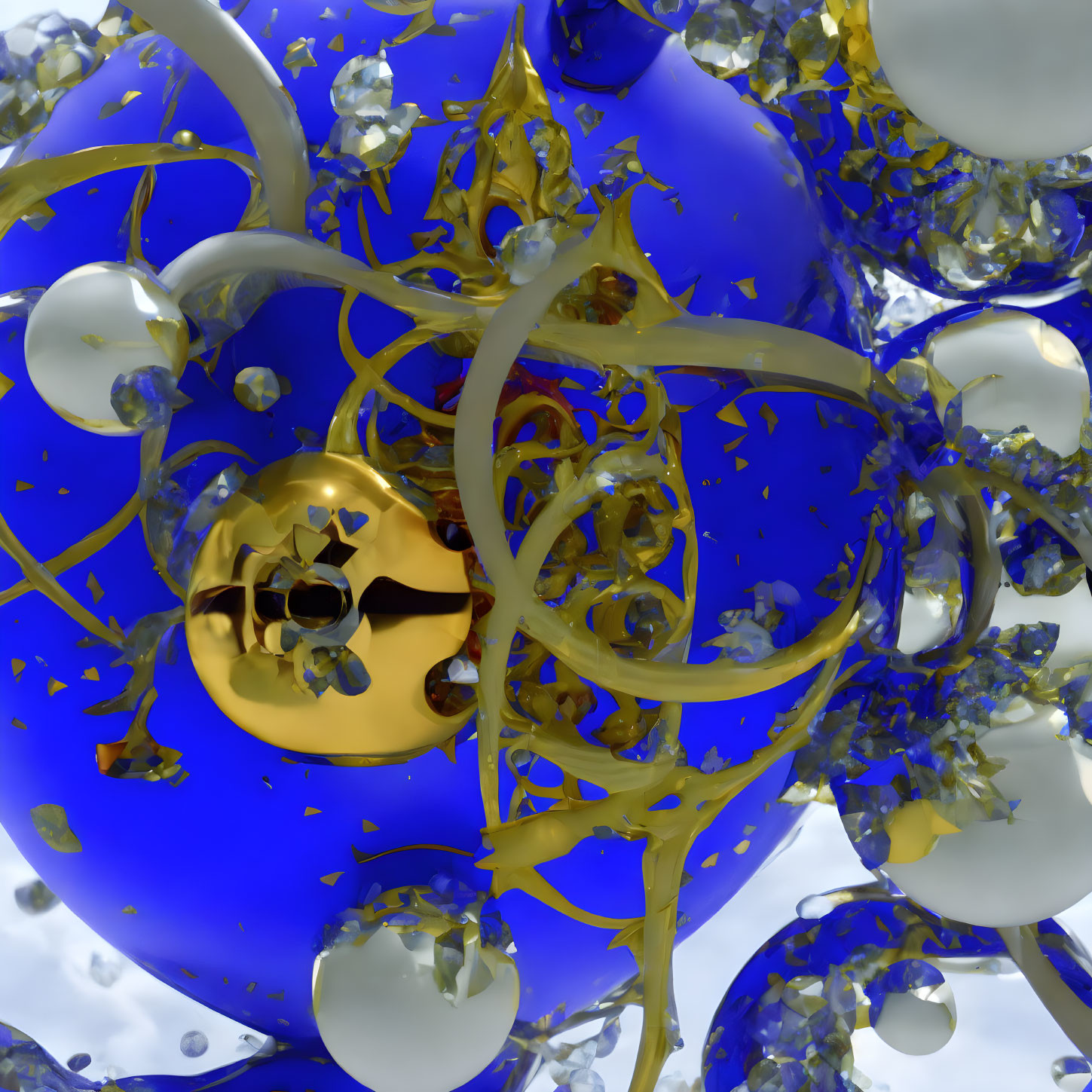 Interwoven gold and transparent 3D structures on blue sphere with fluid textures