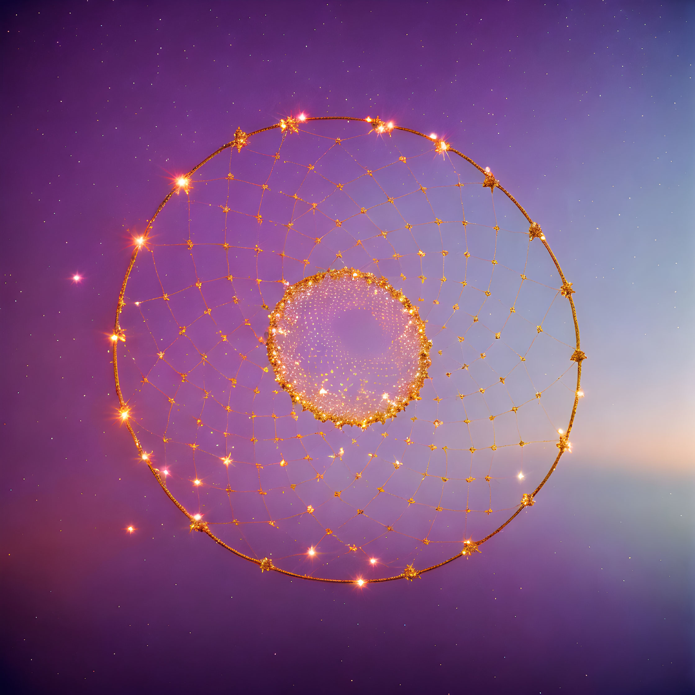 Circular Grid with Luminous Connections on Purple Galaxy Background