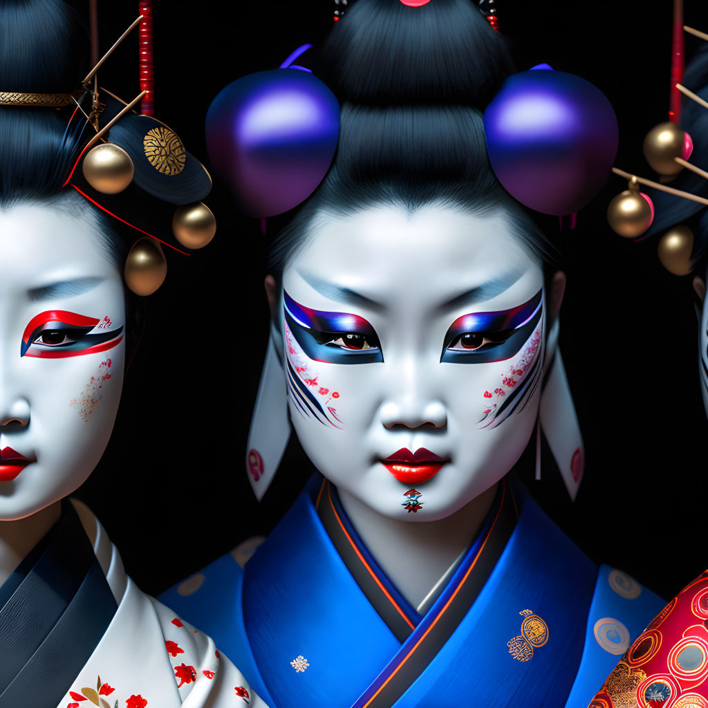 Traditional Geisha Figures in Colorful Kimonos