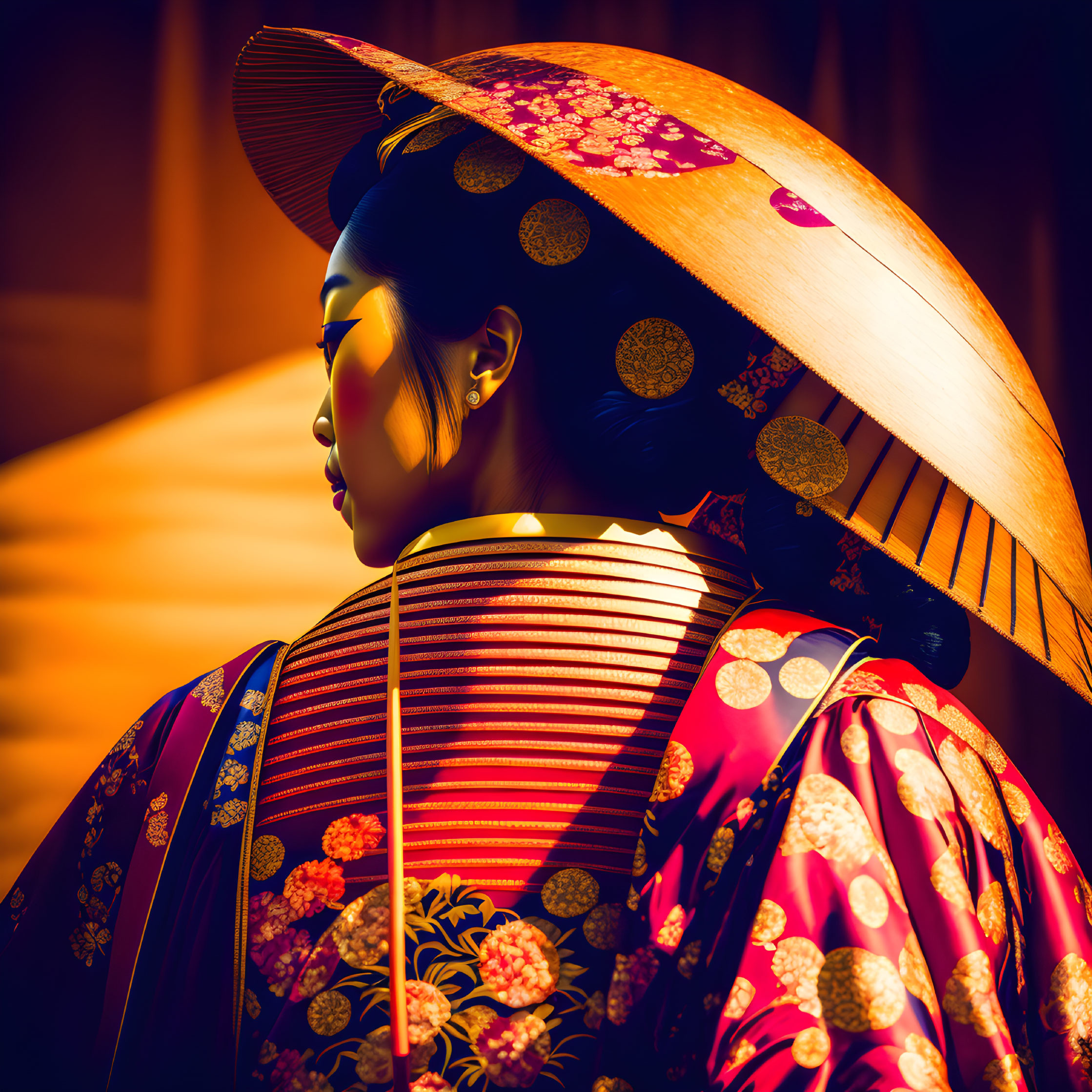 Traditional Japanese attire woman with floral pattern & elegant hat under golden light