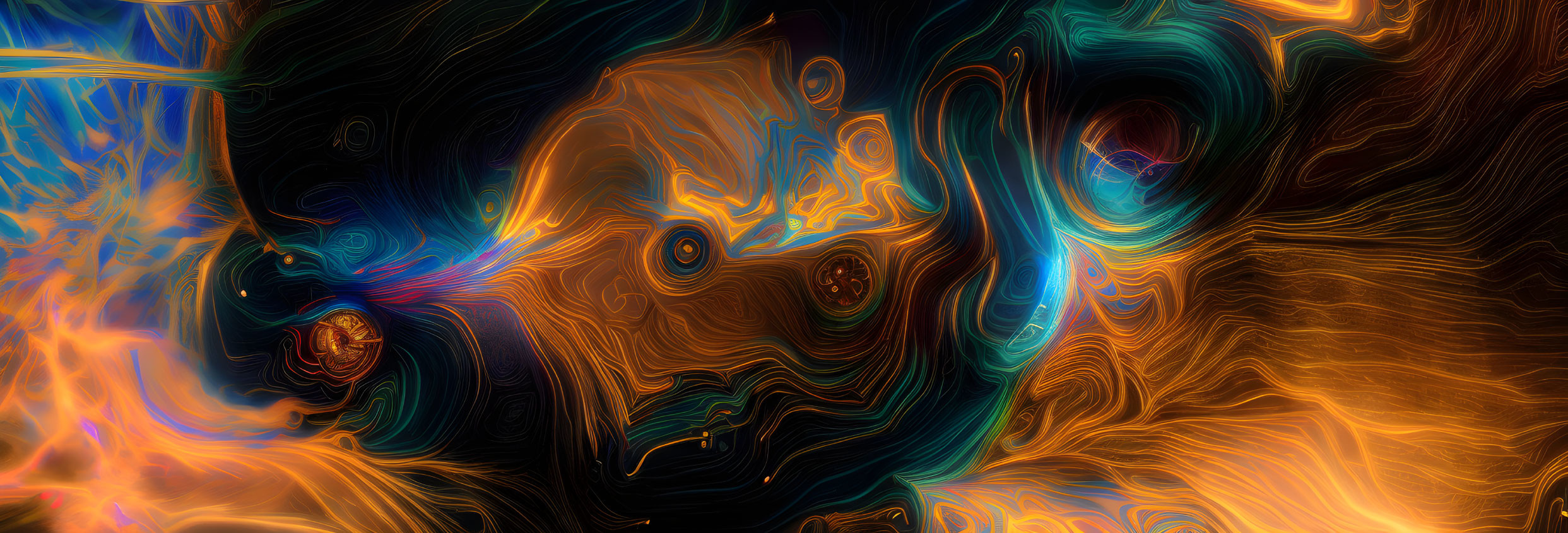 Colorful Abstract Digital Art: Swirling Blue, Orange, and Black Patterns