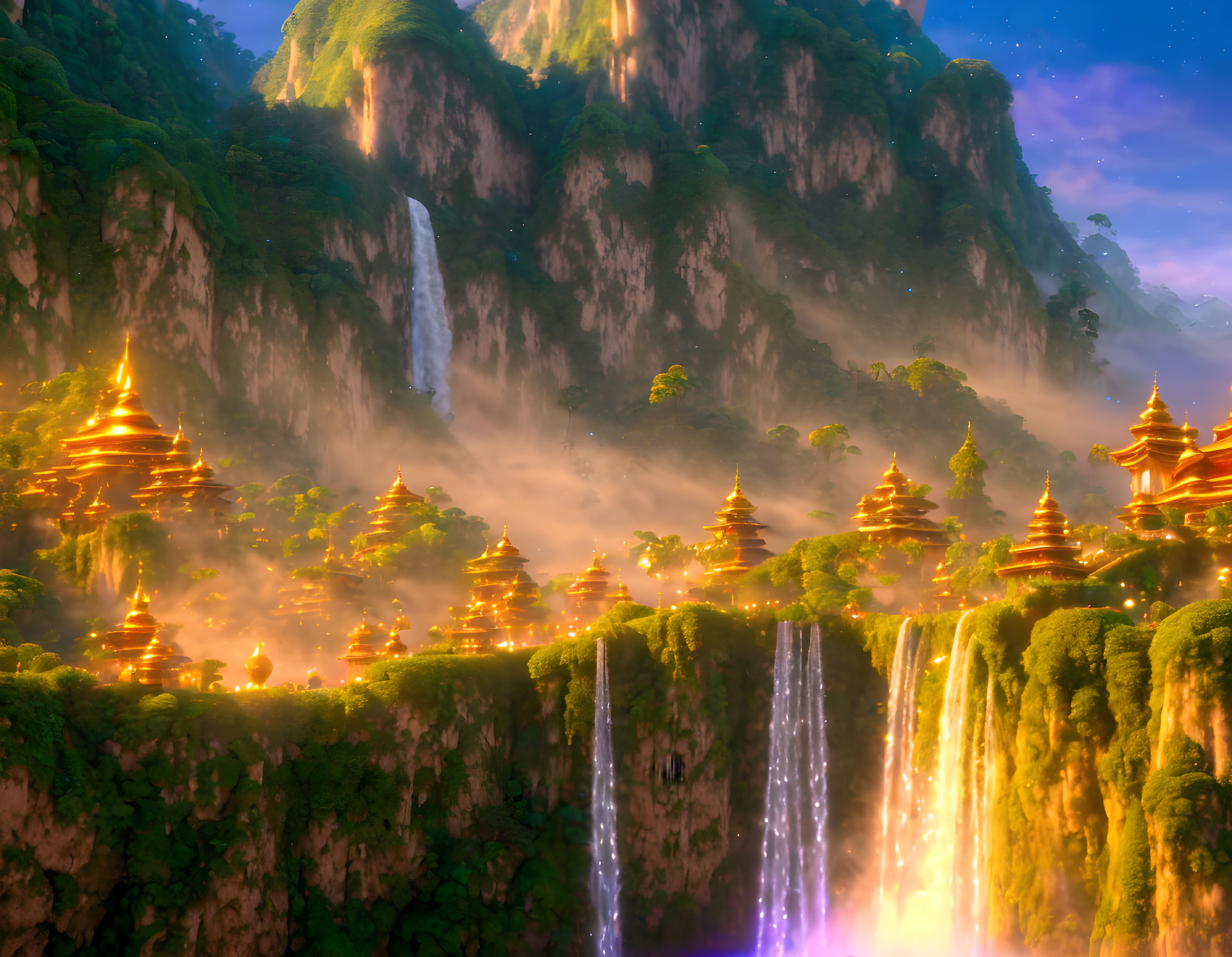 Mystical landscape with waterfalls, glowing pagodas, verdant cliffs, and starry