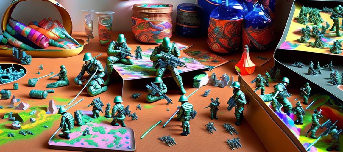 Vibrant digital artwork of miniature battle scene