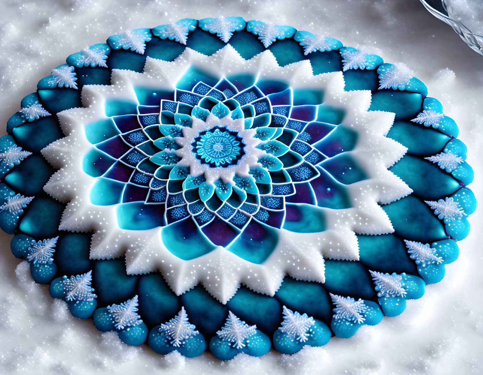 Blue and White Fractal Snowflake Artwork with Symmetrical Patterns