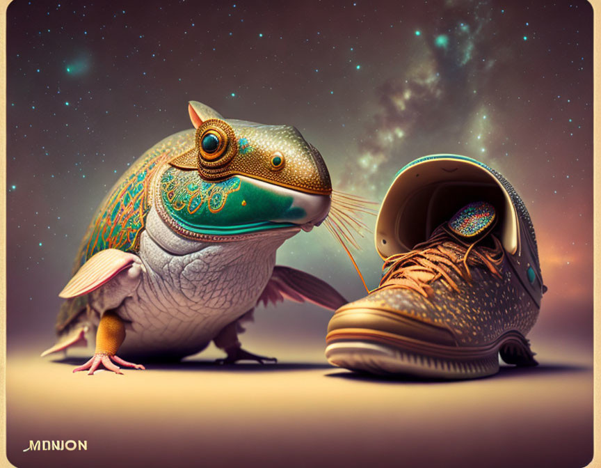 Whimsical digital artwork of fish and sneaker in cosmic backdrop