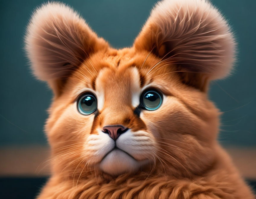 Illustrated Orange Cat with Blue Eyes and Fluffy Ears on Blue Background