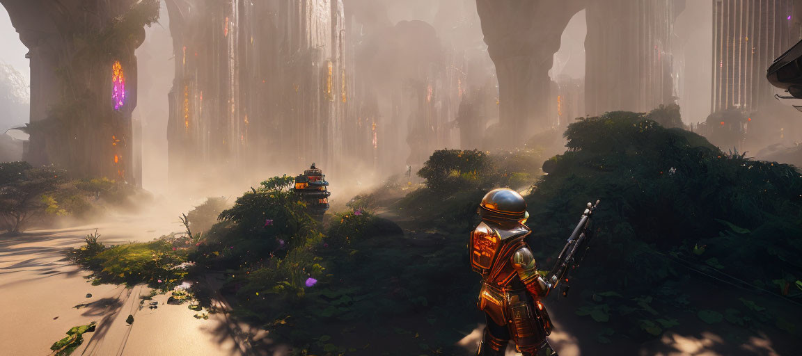 Astronaut with Rifle Views Mystical Forest with Towering Trees and Pagoda.