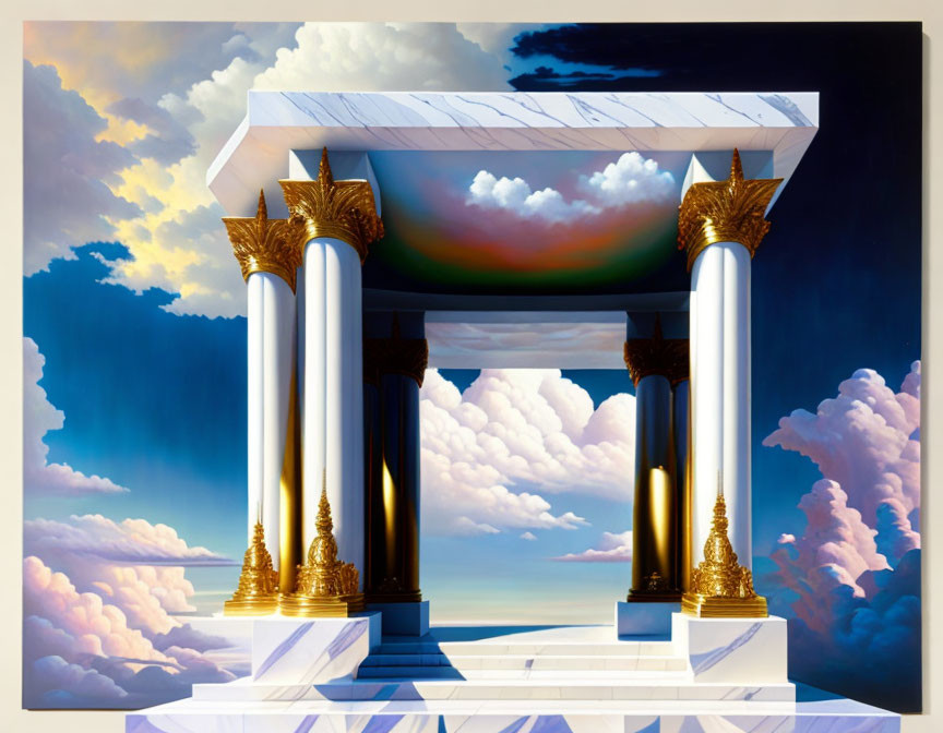 Surreal artwork: classical structure with white and gold columns, dramatic sky, colorful clouds, ocean