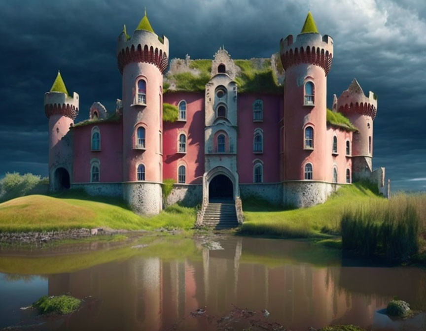 Pink castle with turrets reflected in pond against dramatic sky