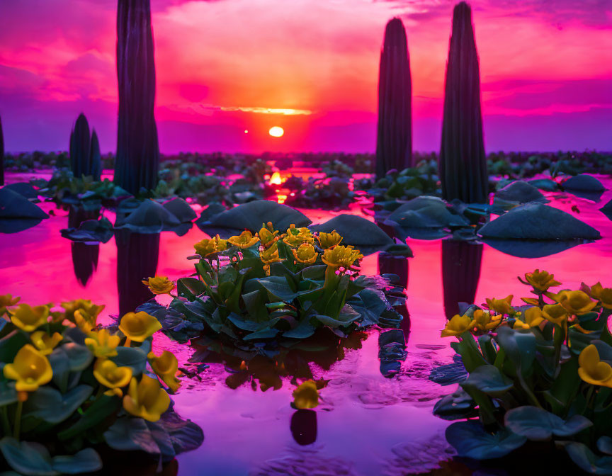 Colorful Sunset Over Water Lily Pond with Yellow Flowers and Cacti