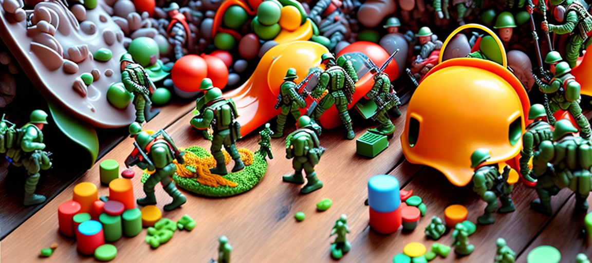 Vibrant Toy Soldiers Battle on Wooden Surface