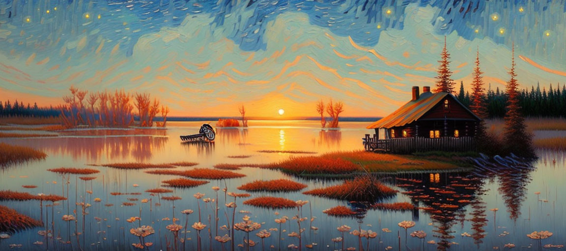 Scenic sunset painting with lake, cabin, canoe, and starlit sky