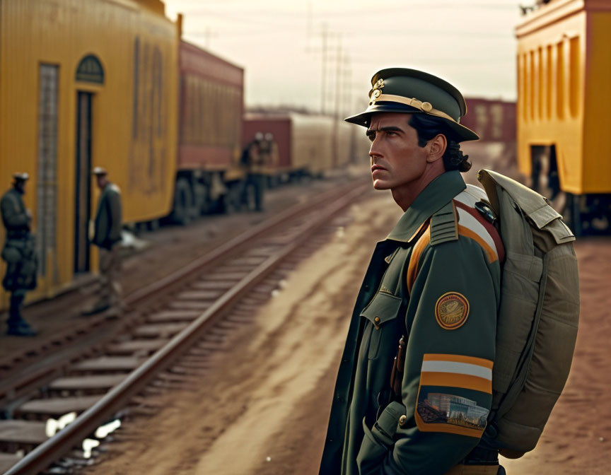 Vintage uniformed man by railway tracks with workers and train cars in background.