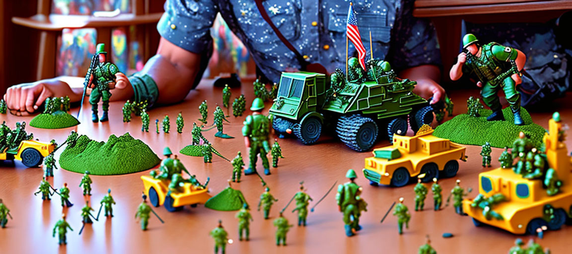 Child playing with toy soldiers and military vehicles on wooden table