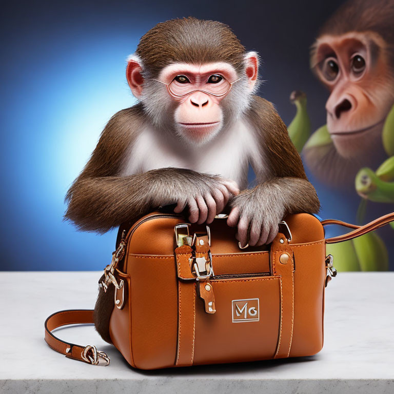 Realistic digital artwork of young monkey with tan leather handbag