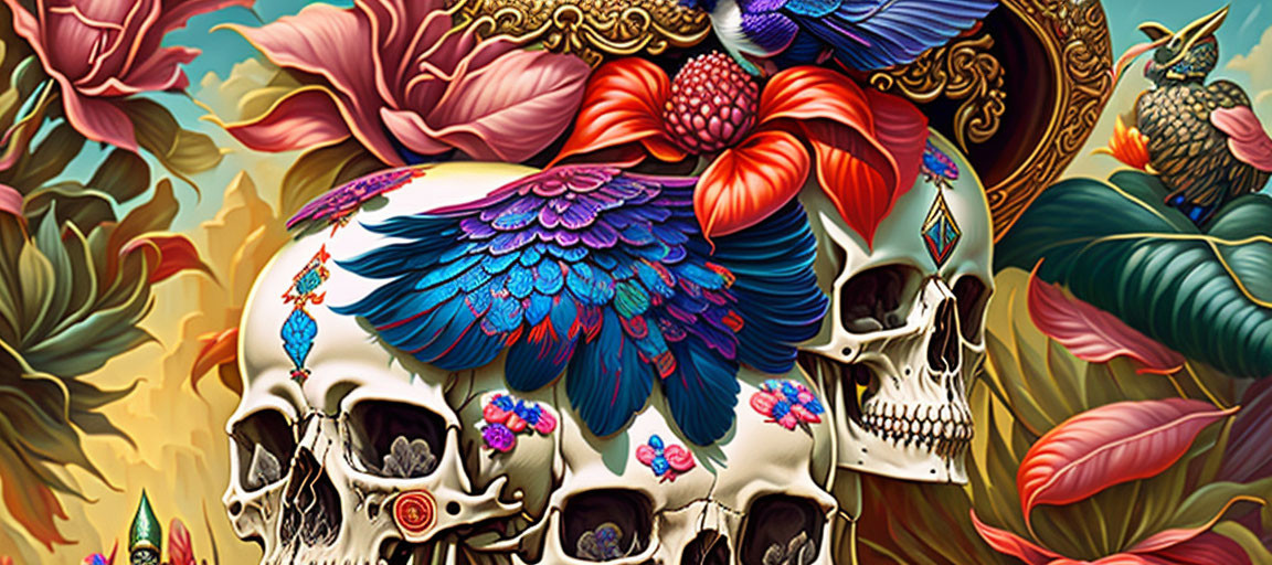 Colorful Skull with Flowers and Hummingbird in Intricate Flora Setting