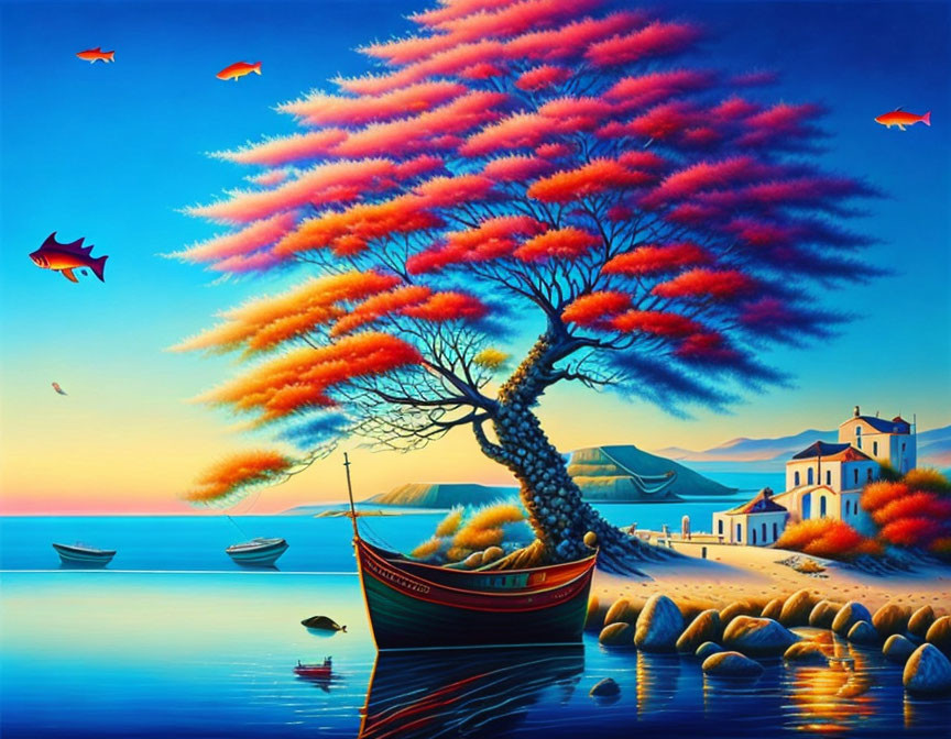 Colorful surreal seascape with boat, flying fish, tree, and white buildings.