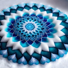 Blue and White Fractal Snowflake Artwork with Symmetrical Patterns