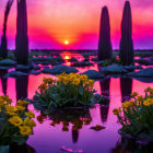 Colorful Sunset Over Water Lily Pond with Yellow Flowers and Cacti