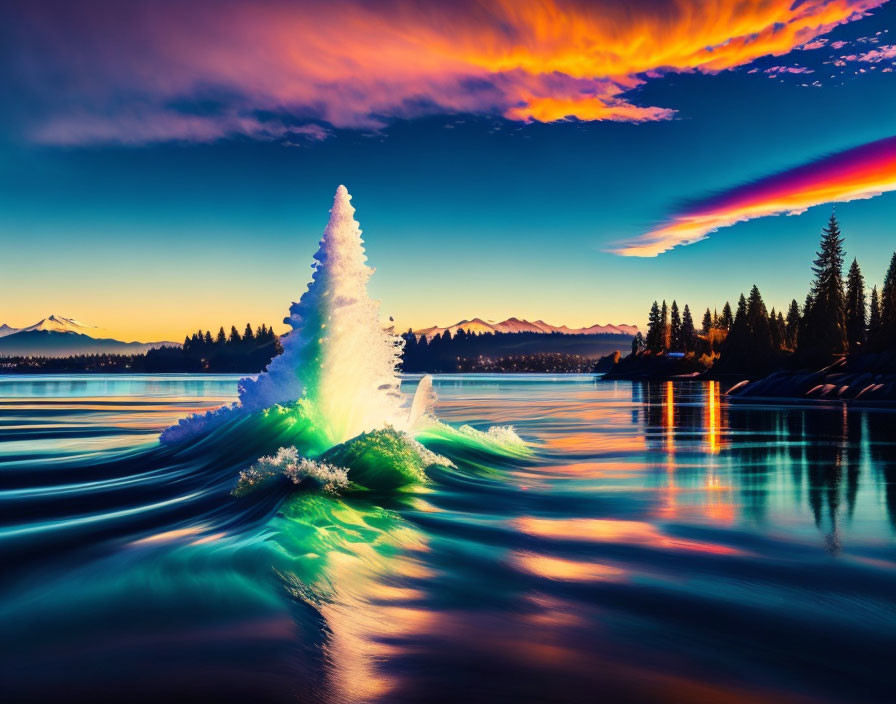 Colorful sunset over lake with snowy pine tree on island reflecting vivid colors.