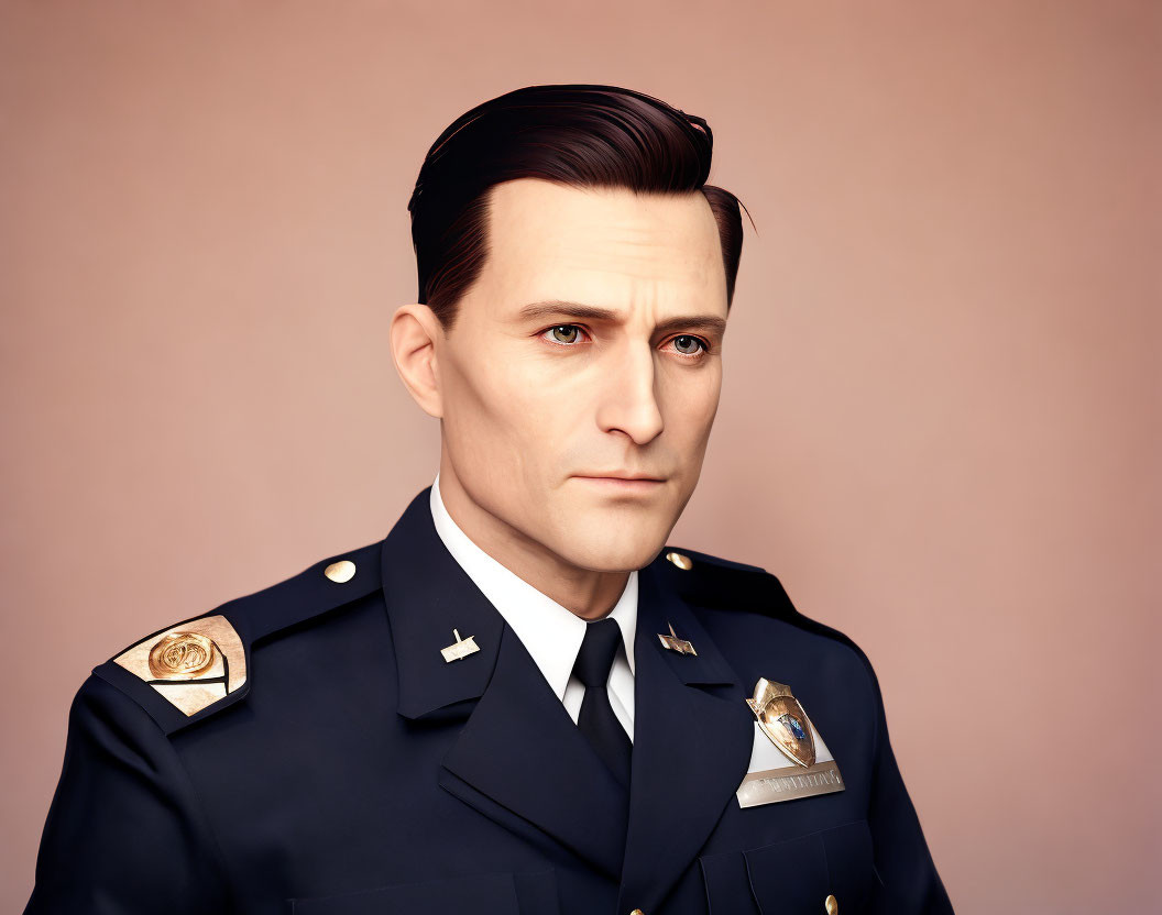 Illustration of police officer in uniform with badge on pink background