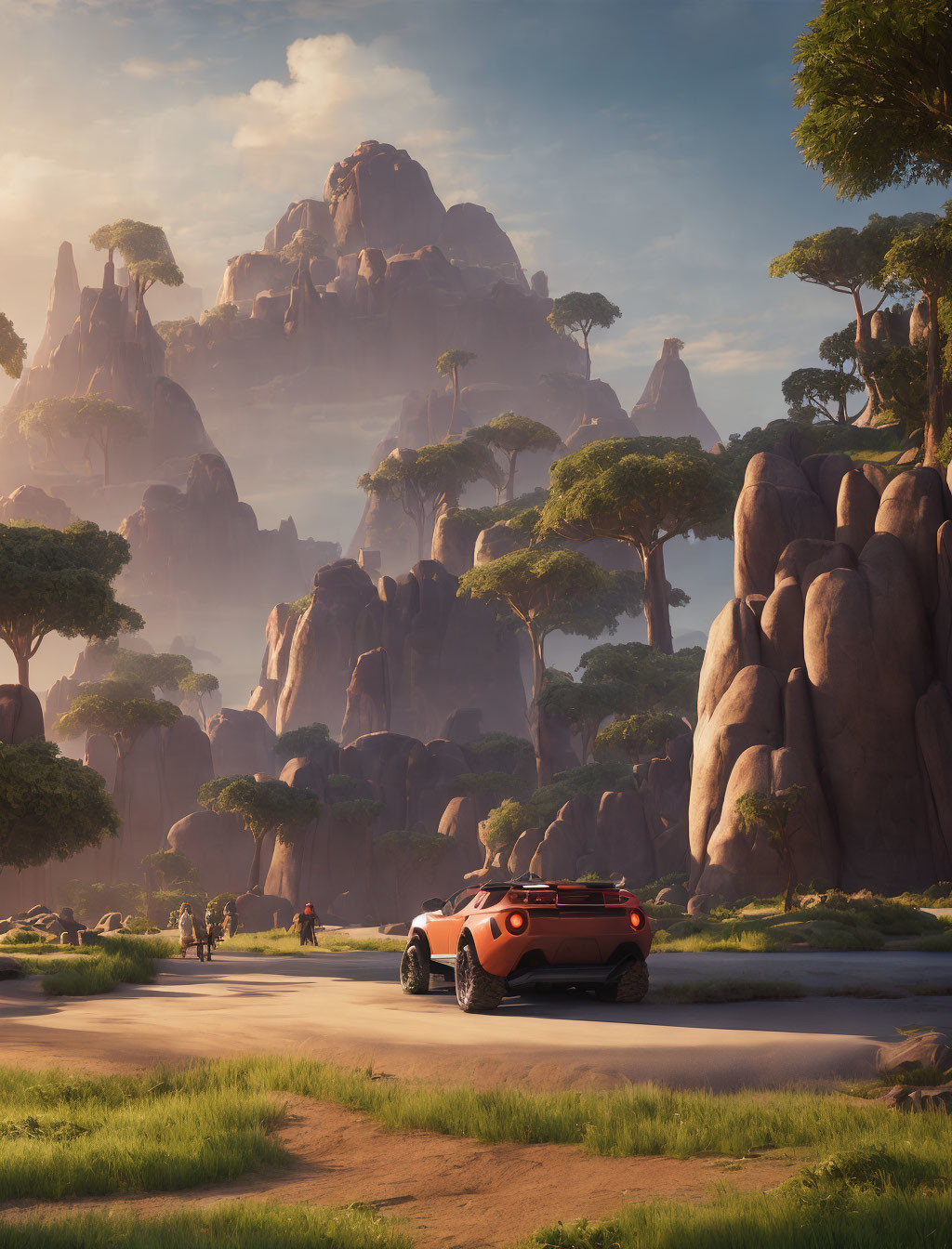 Red sports car parked on dirt road near rock formations with people walking under sunlit sky