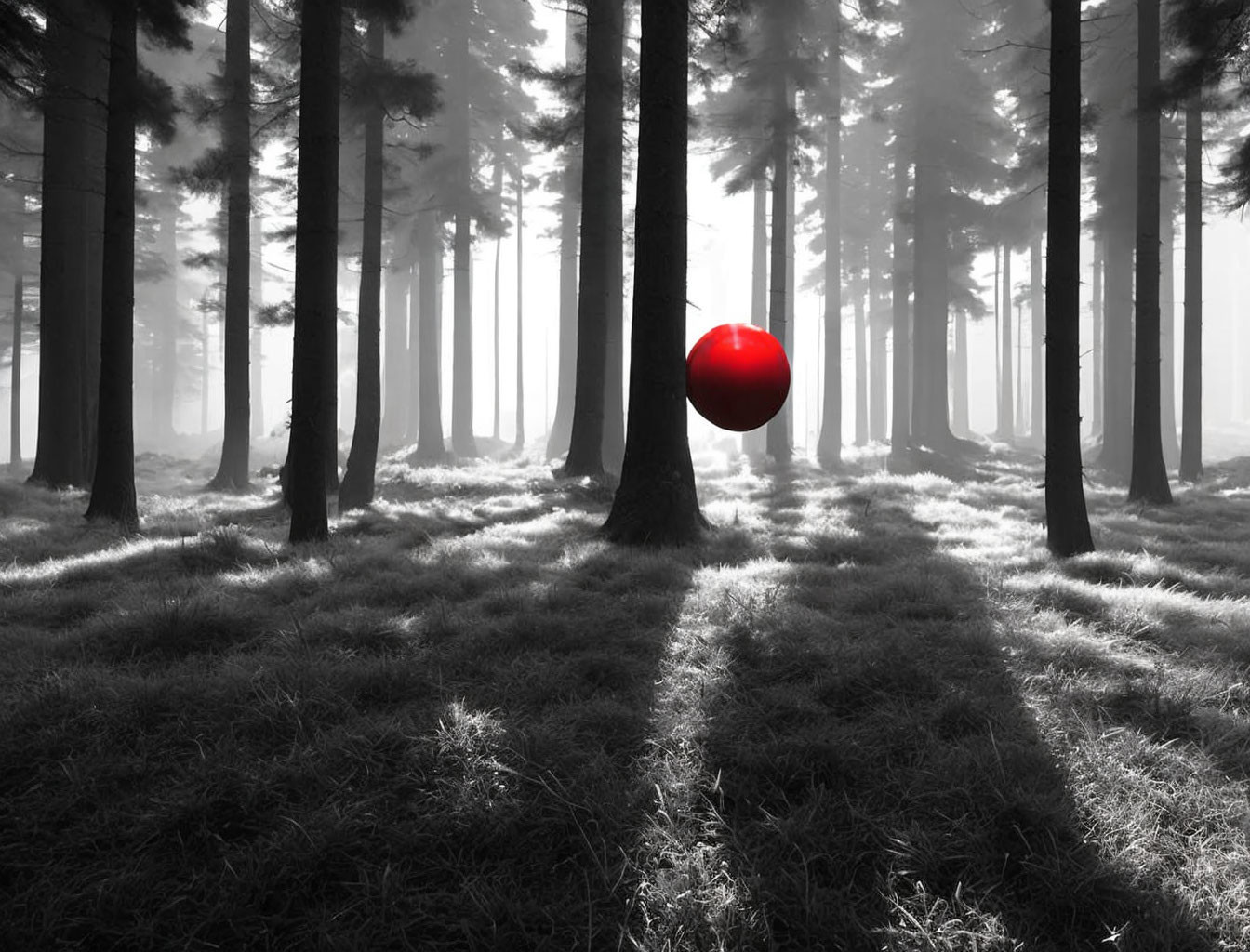 Red Balloon in Misty Monochrome Forest with Sun Rays