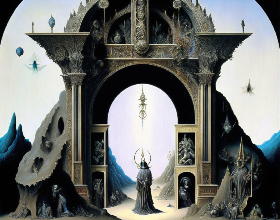 Surrealist painting with cloaked figure, melting clocks, and desolate landscape