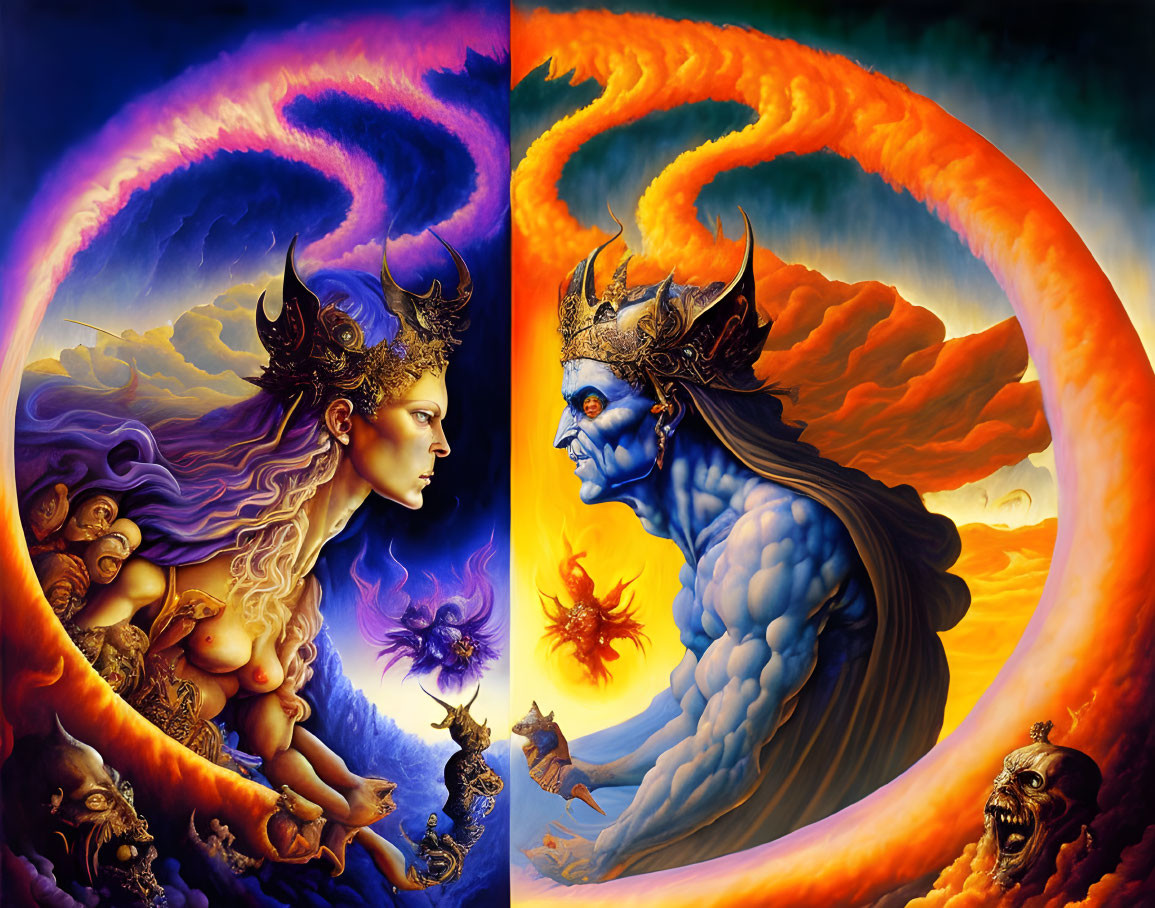 Fantasy painting: Celestial woman and demonic male profiles with cosmic swirls & mythical creatures