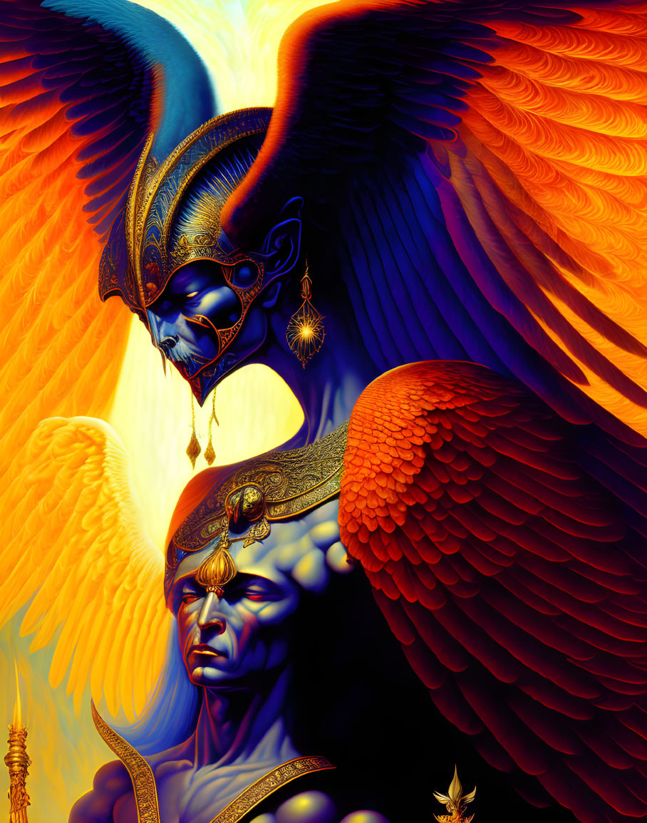 Digital artwork: Two regal figures in winged helmets, Egyptian deity-inspired, in warm colors with