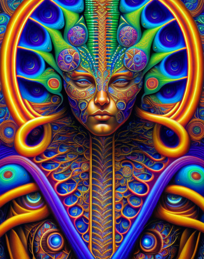 Colorful Psychedelic Digital Art Piece with Face and Peacock Feather Patterns