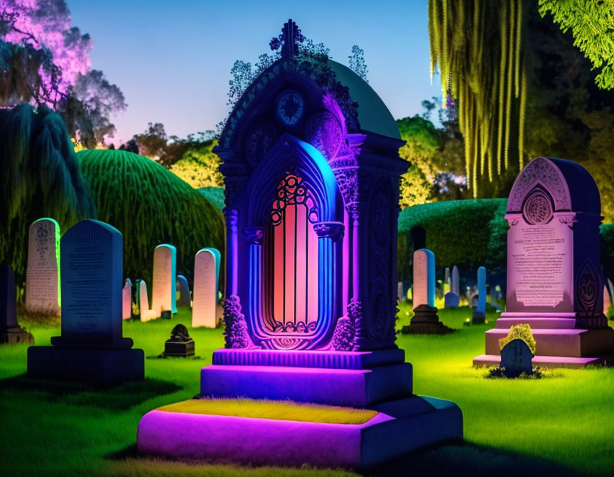 Nighttime cemetery scene with illuminated tombstones and vibrant purple lighting.