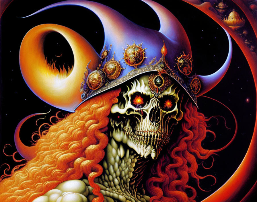 Skull with fiery eyes and ornate helmet in celestial setting