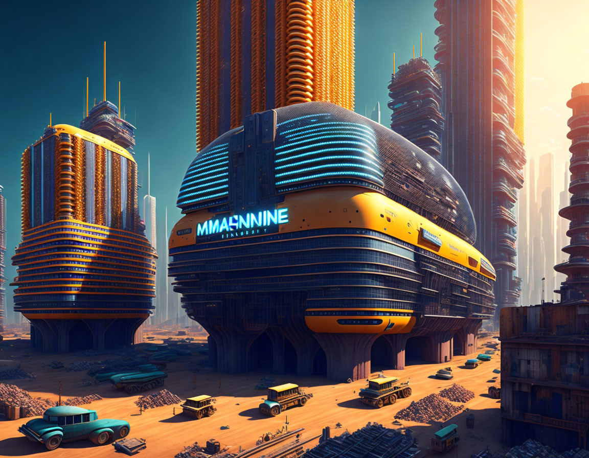 Futuristic cityscape with towering buildings and 'MACHINE' structure, vintage cars under hazy