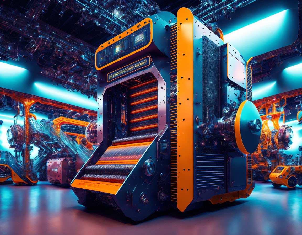 Futuristic orange and blue high-tech machine in cybernetic room