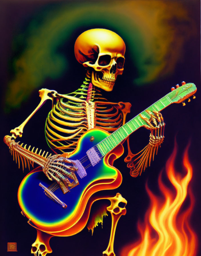 Vibrant skeleton playing electric guitar on fiery background