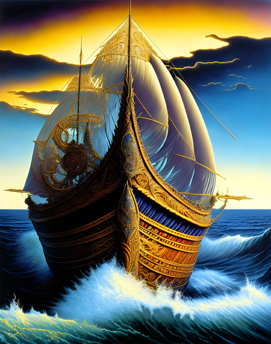 Elaborate golden ship sailing turbulent seas at sunset