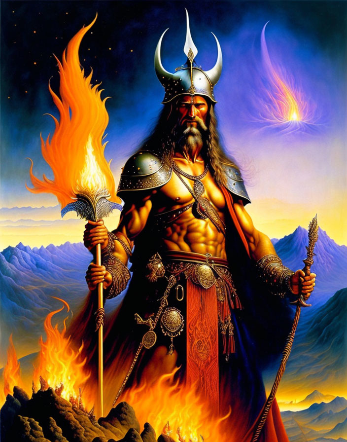 Muscular Viking warrior with flaming sword and spear against fiery phoenix and mountain backdrop