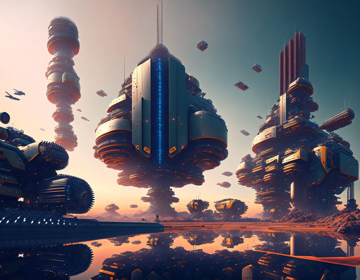 Futuristic cityscape with floating buildings and advanced vehicles at dusk