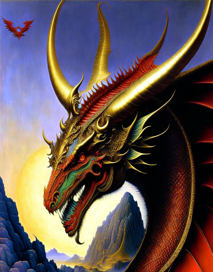 Detailed red dragon with gold-tipped horns in blue sky