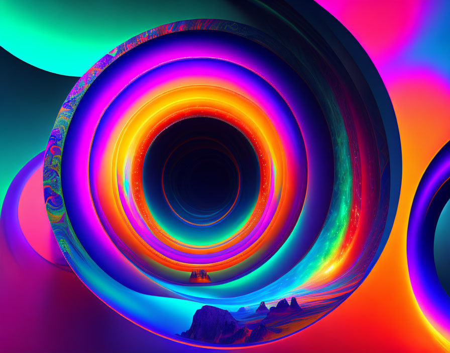 Colorful Abstract Art: Neon Concentric Circles on Otherworldly Background