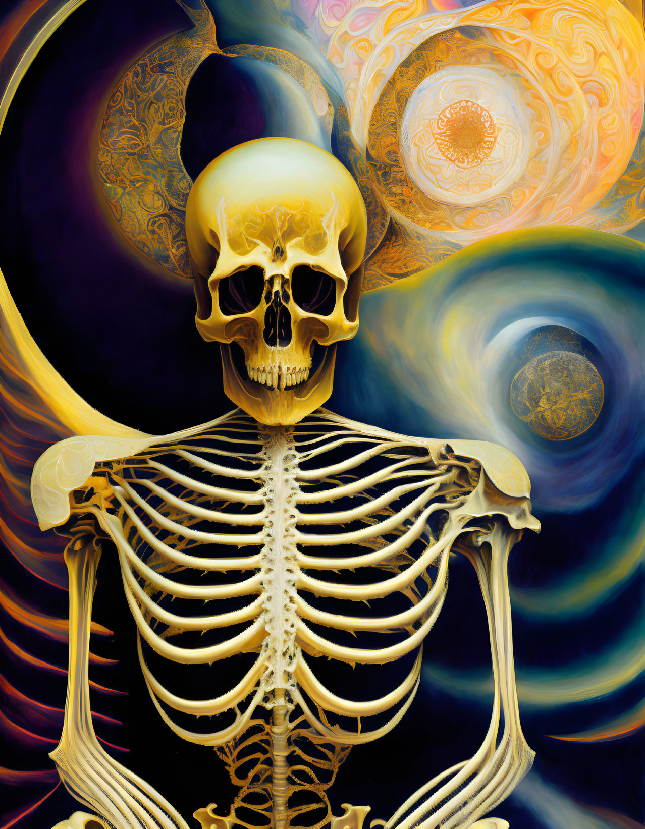 Vibrant digital art: Golden skeleton skull in cosmic swirls