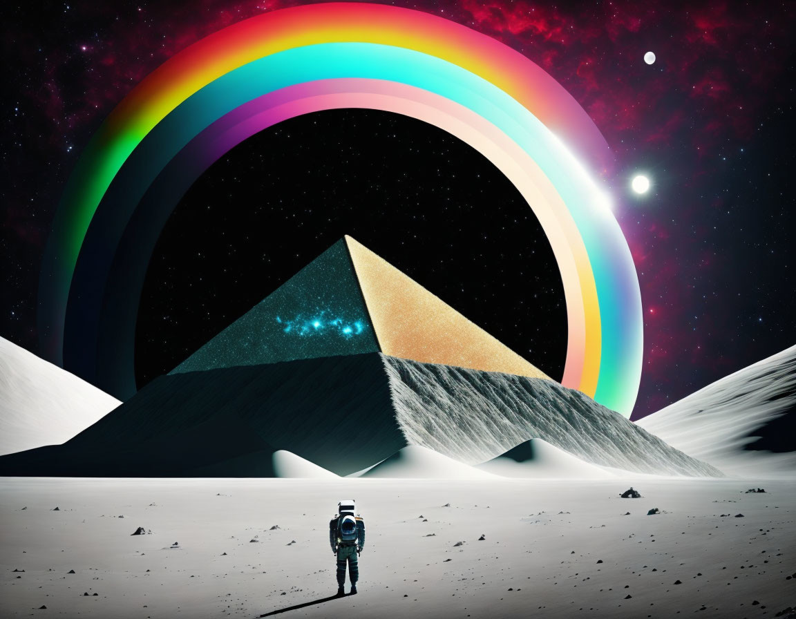 Astronaut on barren lunar surface with pyramids, cosmic rainbow, and celestial bodies.