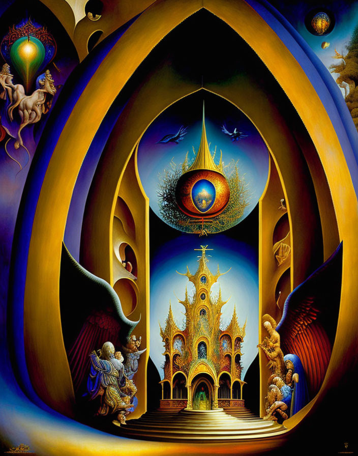 Vibrant surreal painting with arches, floating eye, and cathedral-like structure