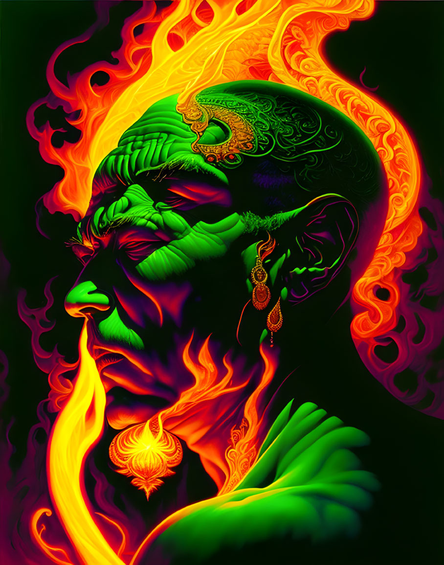 Colorful artwork of green-faced figure with fiery head and intricate details